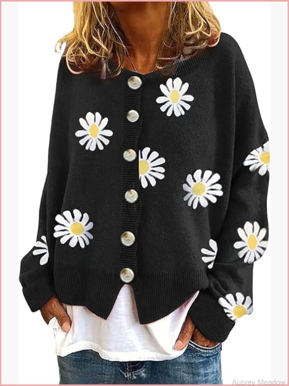 Trendy Daisy Floral Ribbed Knit Cardigan Button Down Loose Crop Sweater